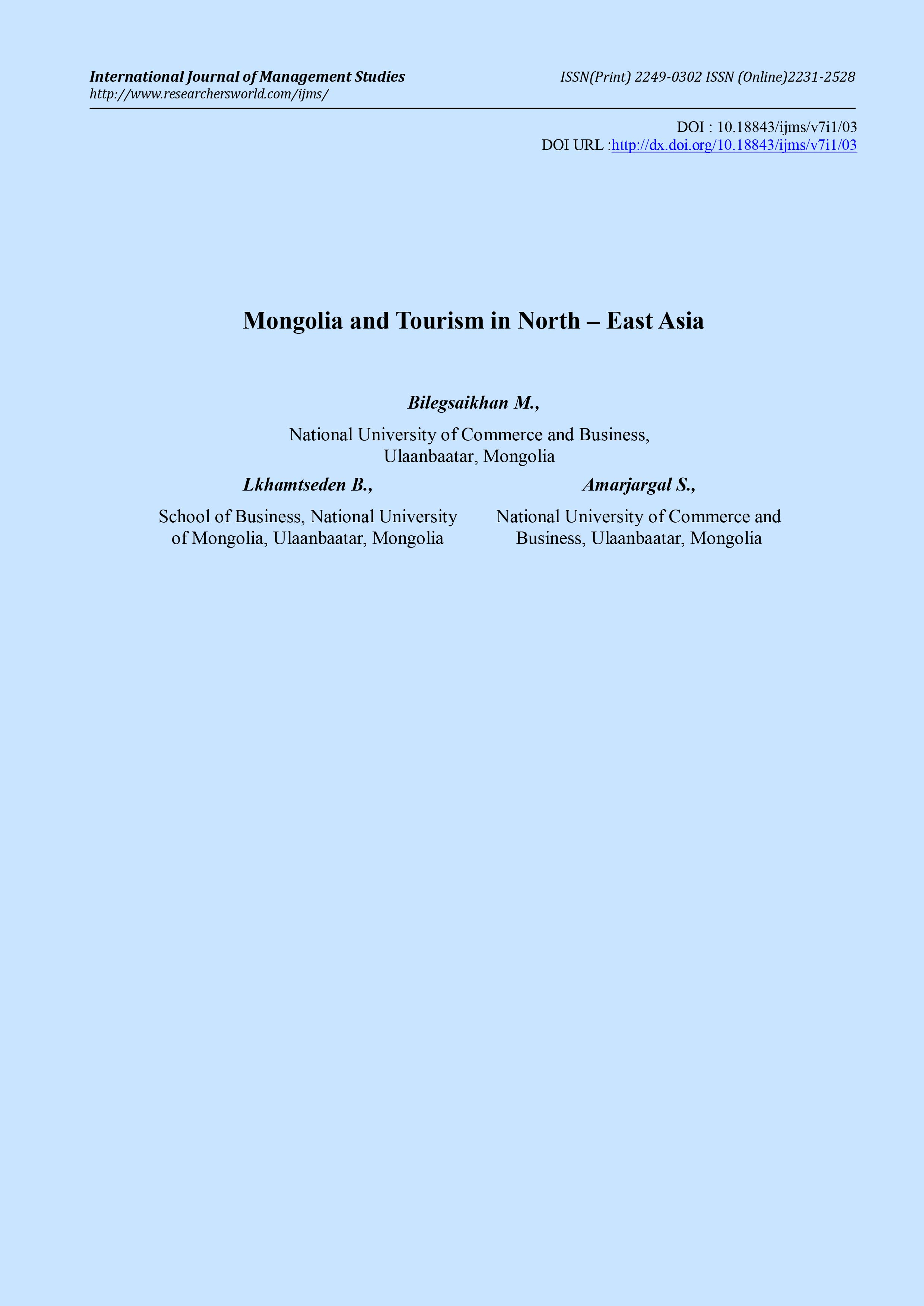 Mongolia and Tourism in North – East Asia