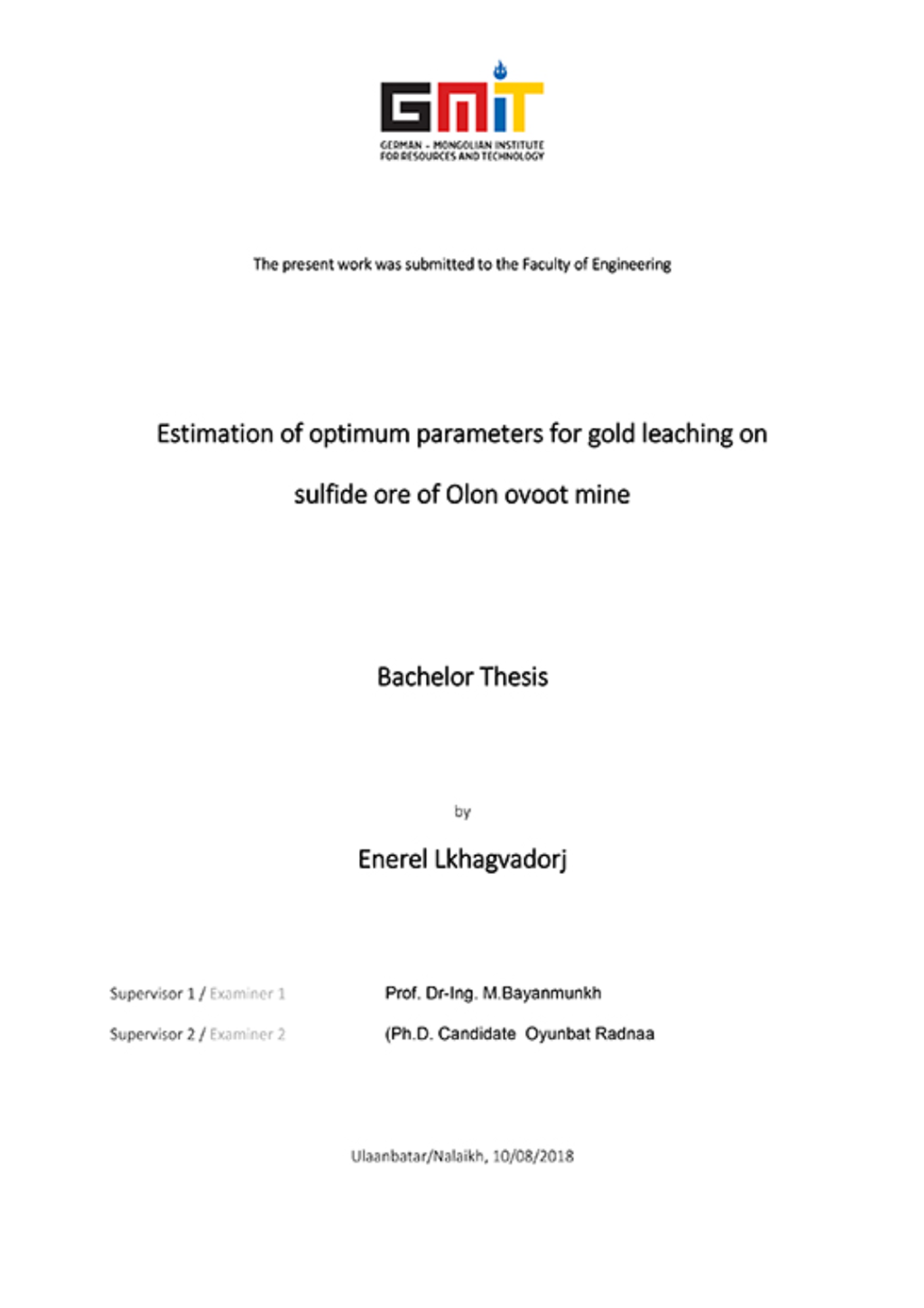 Estimation of optimum parameters for gold leaching on sulfide ore of Olon ovoot mine