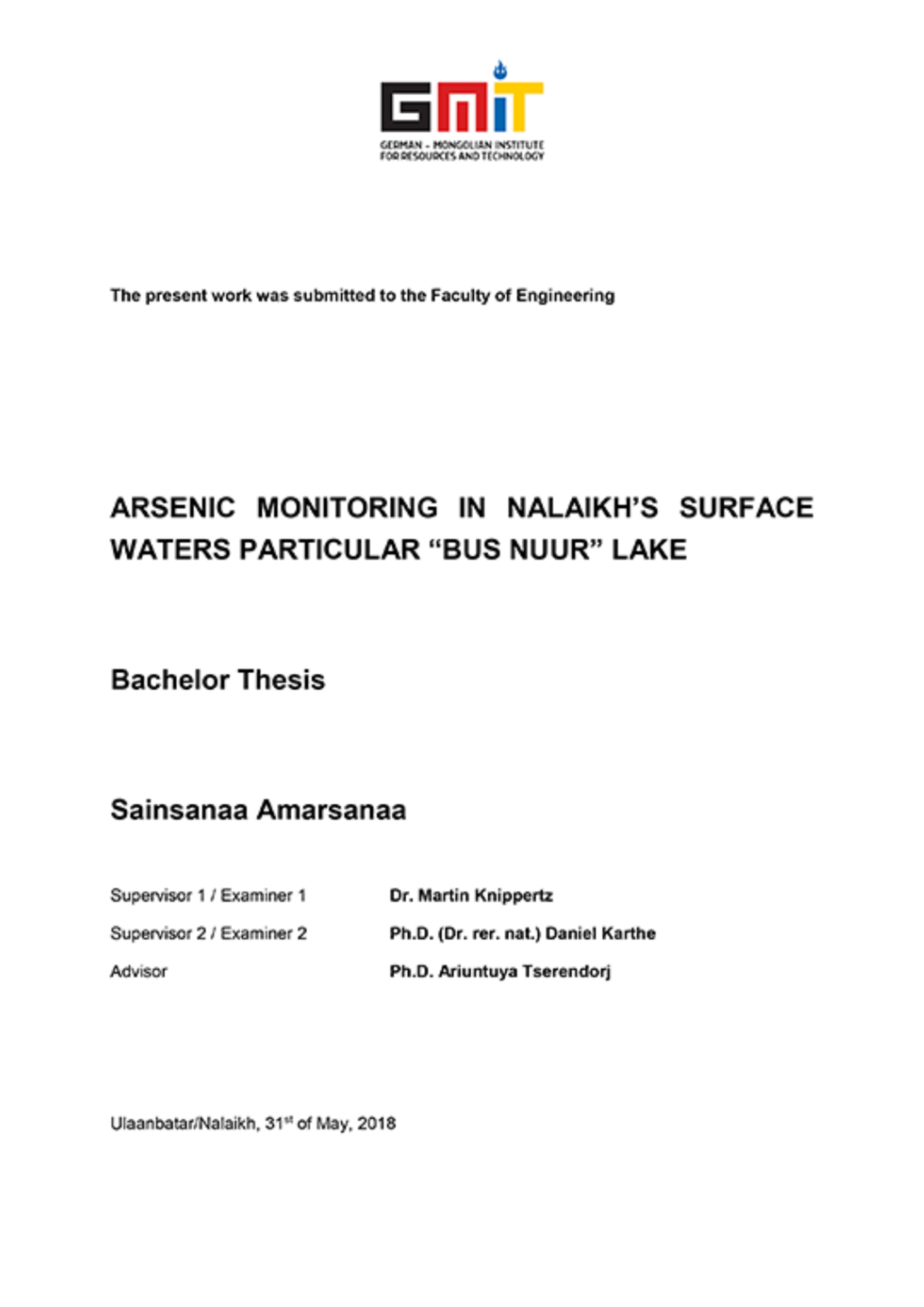  Arsenic monitoring in Nalaikh’s surface waters particular “bus nuur” lake